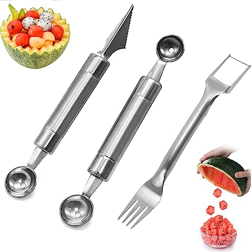 Edelstahl Melonenausstecher Kugeln,Kugelausstecher und Schnitzwerkzeug,Melonenlöffel Kugelausstecher,2-in-1 Wassermelonen Gabel Schneider,für Salate Eiscreme Obst und Gemüse,Verschiedene Modelle,3Pcs