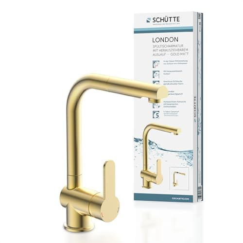 SCHÜTTE 79770 London Küchenarmatur mit ausziehbarer Geschirrbrause, 360 Grad schwenkbarer Wasserhahn für die Küche, Mischbatterie mit Einhebelmischer, Spültischarmatur in Gold