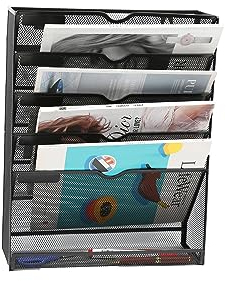 JEBELE 6 Fächer Zeitschriftenhalter Wand wandregal für ordner Hängend Dateiordner Organizer Wandablagefächer mit flachem Bodenfach Datei Etiketten Metall,Schwarz