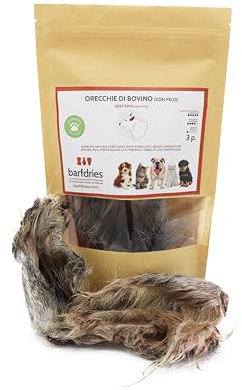 barfdries Orecchie di Bovino con pelo, alimento naturale per Cani e Gatti essiccato a bassa temperatura. Confezione da 3 pezzi