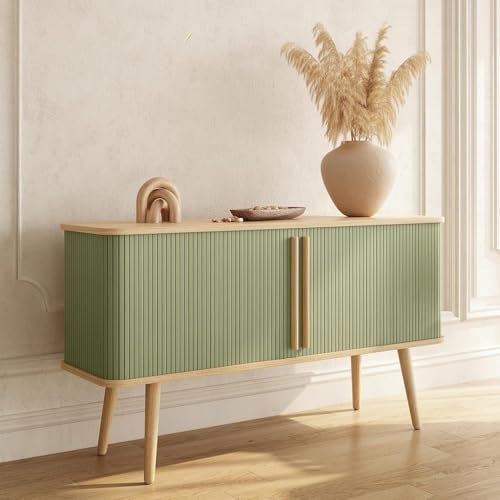 Wermo 135 cm Sideboard Wohnzimmer mit Grünen Türen und verstellbaren Einlegeböden - Kommode Sideboard Grün, Schrank Wohnzimmer, TV Schrank, TV Board, Fernsehtisch, Lowboard Holz (Eiche)