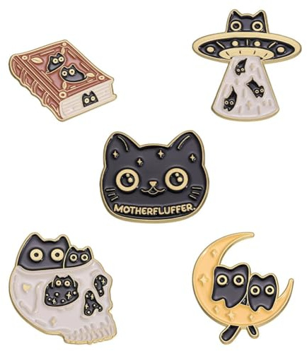 5Pcs Gothic Enamel Pin Set - Cute Moon Planet Cat Brooches for Clothing Bags Jacket Backpack Accessory