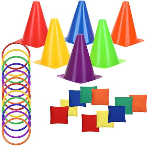 LACRIS 3 in 1 plastic cones toss game set with beanbags, outdoor throwing colorful ring toss cones, soft plastic Carnival set, birthday party activities inside and outside for kids