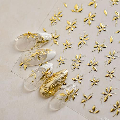 JMEOWIO 3D Embossed Gold Flower Leaves Nail Art Stickers Decals Self-Adhesive 5D Nail Supplies Nail Art Design Decoration Accessories 1 Sheets