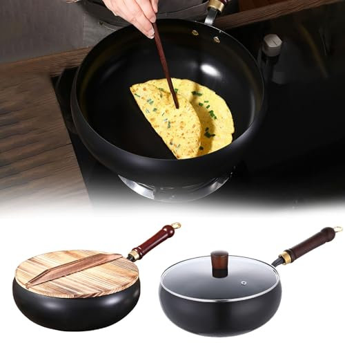 Feizikaw Padella in ferro battuto forgiata a mano, non rivestita, per la conservazione del calore, per cucina, diverse ricette e stili culinari, padella in ghisa (coperchio in vetro + padella nera)