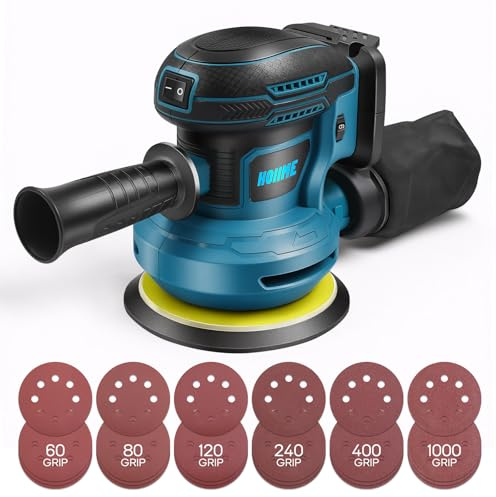 Akku-Exzenterschleifer, 125 mm Exzenterschleifer für MA 18V, 12000rpm Akkuschleifer Schleifgerät 6 Leistungsstufe mit 24PCS Schleifpapier, Staubbeutel (ohne Akku)