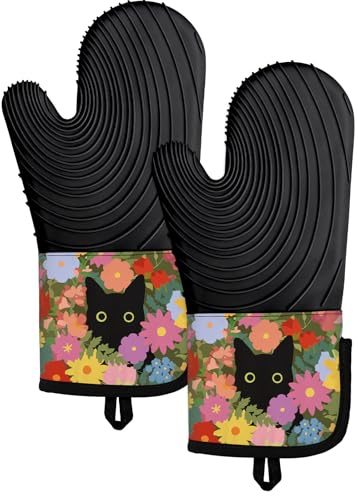 Slohif Long Silicone Oven Mitts Heat Resistant for Women - 2 Pcs Black Cat 100% Cotton Oven Gloves, Non-Slip and Waterproof Silicone Oven Mitts with Hanger for Baking and Cooking