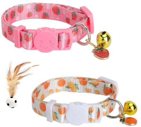 Katthalsband, set med 2 stycken med säkerhetslås, justerbara katthalsband med klockor och fruktdesign – mjukt halsband för kattungar och kattungar, katthalsband med leksaksboll för hem och