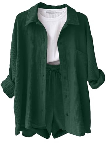 Yutdeng Completo Donna 2 Pezzi Camicia a Maniche Lunghe e Pantaloncini con Coulisse e Tasche Elegante Completo Estivo Tuta da Casa Casual Completo Sportivo in Lino Tuta da Ginnastica,Verde Militare,L