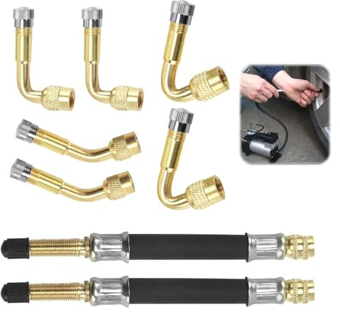 MxyVrix 8 pezzi di adattatori per prolunghe di valvole di pneumatici con angoli diversi (45, 90, 135 gradi) - Costruzione flessibile in gomma e rame, per auto, moto, biciclette e scooter