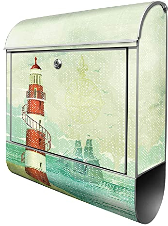 banjado® Design Briefkasten mit Alter Leuchtturm 38,5x46,5x13cm & 2 Schlüssel - Briefkasten Stahl Silber mit Zeitungsfach pulverbeschichtet - Postkasten A4 Einwurf inkl. Montagematerial