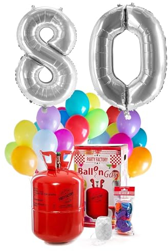Party Factory – Helium Gasflasche 400L Komplett Set mit XXL Zahlenballon 80 Silber – Partydeko Ballongas Flasche mit Folienballon, 30 Latexballons & 40m Ballonschnur – Für Geburtstage & Feiern