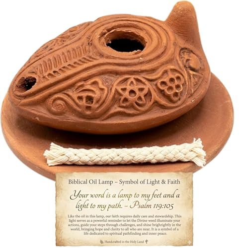 Authentic Clay Oil Lamp with Plate & Biblical Card – Handmade Biblical Style Earthenware Lamp with Wick – Christian Prayer, Anointing & Faith Gift – Holy Land Inspired Décor by Holy Land Market