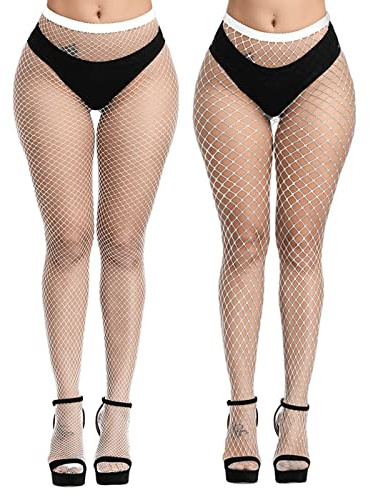 E-Laurels Womens High Waist Patterned Fishnet Tights Suspenders Pantyhose Thigh High Stockings (White Fishnet Tights M+L_hole)