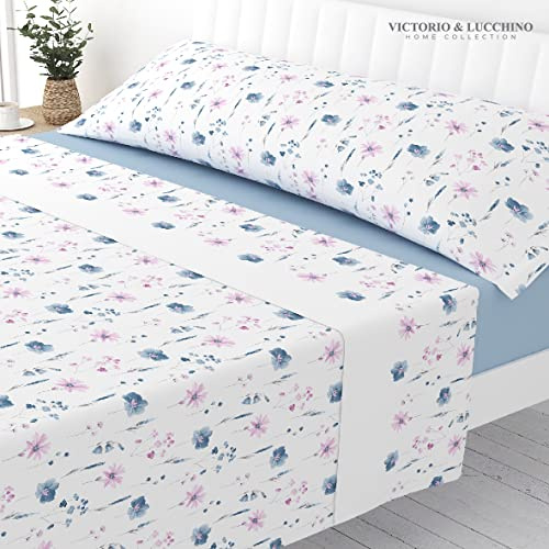 Victorio & Lucchino Juego de Sábanas Estampadas de Verano Algodón/Poliéster (Cama 135cm (1 Almohada), Matilde - Celeste)