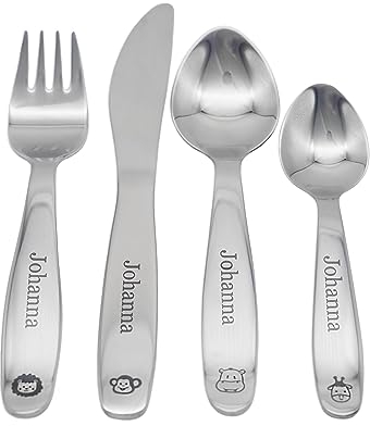LAUBLUST Kinderbesteck mit Gravur - 4-teiliges personalisiertes Besteck für Baby - Dschungel Motiv - Esslernbesteck Edelstahl Personalisiert