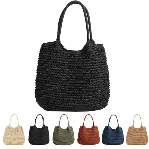 CXINLky Damen Sommer-Strohtasche, Sommer Stroh Shopper Strohtasche Große Kapazität Strandtasche Boho Geflochtene Tasche Korbtasche Tote Bag Straw Beach Bag-Schwarz