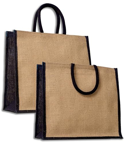 IPEA 2x Borsa in Juta Naturale con Manici in Neri per Shopping, Spesa e Tempo Libero - 2 Pezzi - Shopper in Vera Iuta - Tote Bag per Sera, Mare, Spiaggia, Uscite - Design Retrò Elegante - 38 x 35 cm