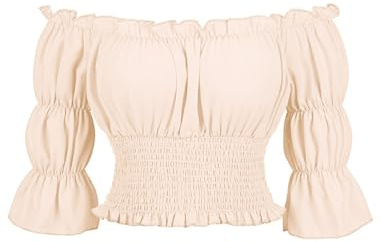 IMEKIS Women Renaissance Medieval Shirt Off Shoulder Pirate Blouse Halloween Costume Short Puff Sleeve Solid Color Smocked Waist Cropped Top Apricot L