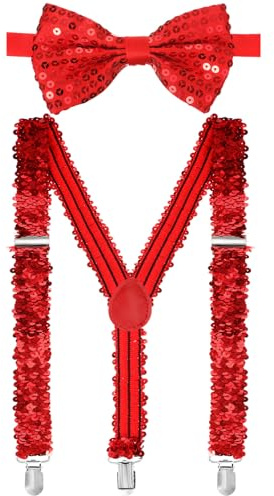 Jadive 2 Pcs Pajaritas con Tirantes y Lentejuelas Y Clip Tirantes Purpurina Pajaritas Discoteca Carnaval(Tirantes y pajarita de lentejuelas,Rojo)