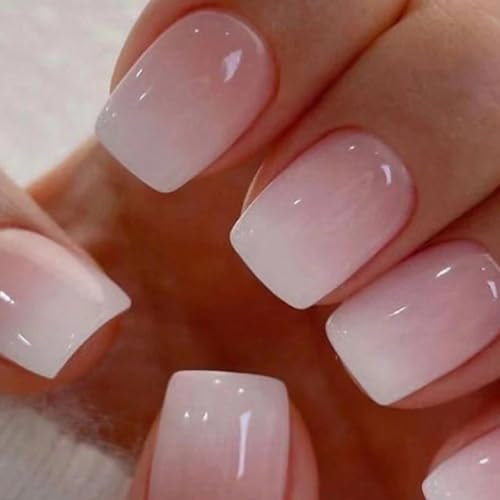 Ceboic 24 Stück French Tip Press on Nails, Kurze Quadratische Künstliche Nägel mit Nagelkleber Aufkleber, Nude Rosa Farbverlauf Nägel Zum Aufkleben, Acryl Full Cover Kunstnägel für Frauen und Mädchen