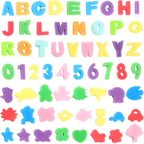 SOFPLATE 60 pz. Kit di Timbri In Spugna per Lettere Spugne per Pittura Alfabeto Colorato Numeri Piccoli Timbri In Schiuma A Forma Mista per Fai Da Te Modelli di Apprendimento Attività Pennelli Strumen