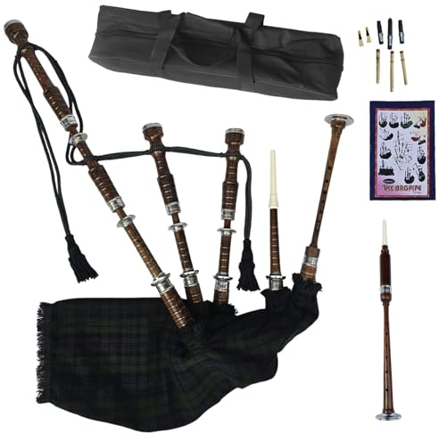 Natural Wood Bagpipe Complete Set | Carry Bag, Practice Chanter, Drone & Pipe Reeds, Tutor Book | Playable Highland Bagpipes in Multiple Tartan Colors (Black Watch)