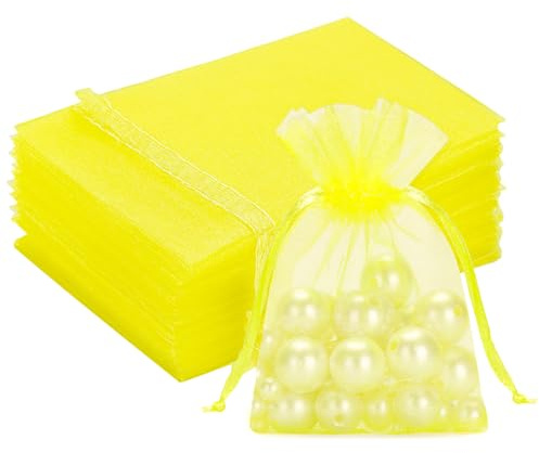 G2PLUS Lemon Yellow Organza Gift Pouches, 7x9 CM Small Favour Bags, 50 PCS | Wedding Jewelry Bags, Clear Mesh Pouches Perfect for Wedding, Christmas, Birthday, Anniversary