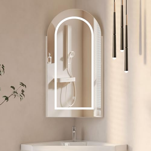 Mepplzian Led Corner Mirror Cabinet for Bathroom,White Arched Corner Bathroom Cabinets with Mirror,3 Color Lighted Mirrored Cabinet Wall Mounted with Storage,40 x 80