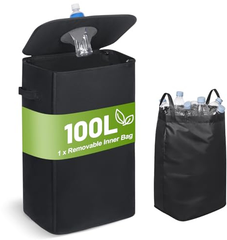 Minicoco Deposit Bottle Bins with Lid, 100L Recycling Bottle Collector with Removable Carrying Bag, Separate Storage Empty Bottle Collection for Kitchen Home (Black)
