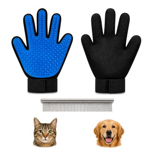 iberroad 2 Guantes Quitapelos Mascotas para Gato y Perro + Peine de Acero Inoxidable | Guante Pelo Gato y Guante Pelo Perro | Guantes Manopla Quita Pelo para Perros y Gatos | Higiene y Limpieza
