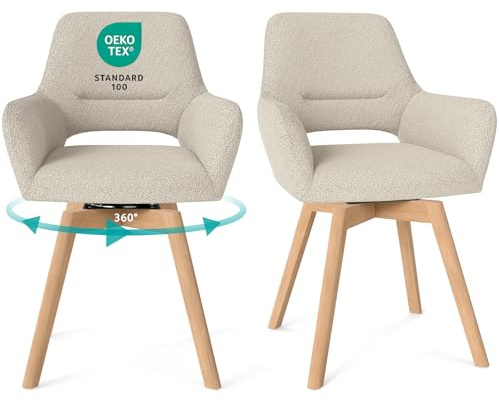 WAFTING Juego de 2 Sillas de Comedor Giratorias 360° con Reposabrazos | Silla Acolchada con Patas de Haya, para Salón, Cocina, Dormitorio y Estudio, Caqui