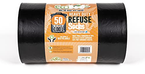 EcoBag - 50 Pack Extra Strong Heavy Duty Refuse Sacks - Recyclable Bin Bags, Leak Resistant, Eco-Friendly, Durable Waste Disposal Bags for Household & Commercial Use, 30 Micron (Μm) /100l
