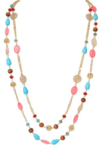 Bocar 14K Gold Plated Link Chain 2 Layer Crystal Wood Acrylic Colorful Women Party Long Necklace Gift (NK-10084-coral)