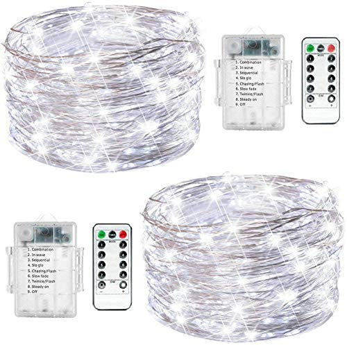 FANSIR Fairy String Lights, 2 Set Total 66ft 200 Led Fairy Lights Battery Operated Silver Wire Light with Remote 8 Modes Waterproof Light for Home Bedroom Party Christmas Tree Decor (Cool White)