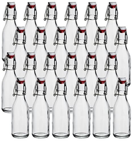 gouveo Lot de 24 bouteilles en verre rondes de 250 ml avec bouchon pivotant - bouteilles vides à bouchon pivotant à remplir et à offrir - idéales pour liqueur, sirop, jus, huile, vinaigre (BFR250)