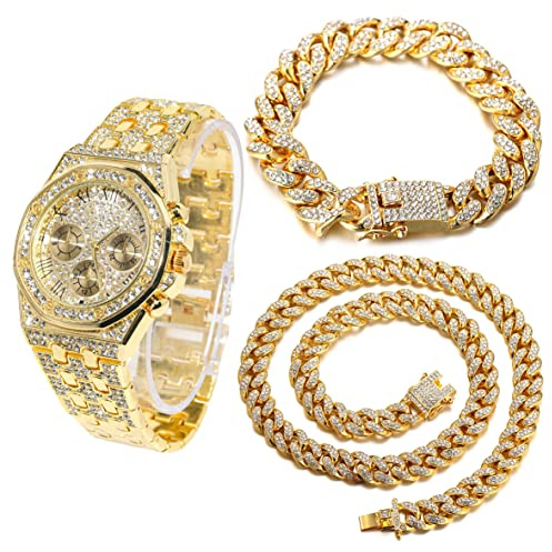HALUKAKAH Diamanti Orologio Oro, Uomo Placcato Oro Reale 18K 40MM Largo Numeri Romani Componi Quarzo Cinturino 22cm con Link Cubano Catena 20+45cm Collana Bracciale Set, con Scatola Regalo