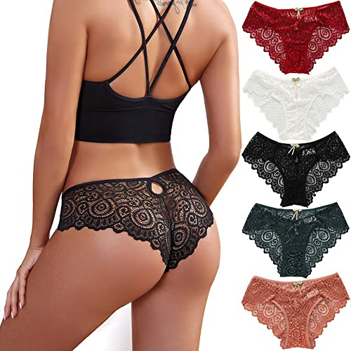 Zueauns Culotte Hipster Cheeky en Dentelle Femme Sexy sans Couture Slips Invisible sous-vêtements Respirant Lingerie Shorties Doux Bikini Lot de 5(Couleur-c,S)