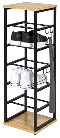 eluno offenes Schuhregal für 6 Paar Schuhe aus Metall mit 2 Holzablagen, inkl. 4 Haken, höhenverstellbare Füße, Schuhständer, Schuhablage, Schuhschrank, Schuhaufbewahrung, Schuh-Organizer (schwarz)