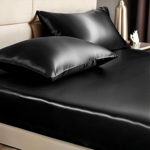 BEDELITE Satin Queen Fitted Sheet & Pillowcases Set, Black, 3 Pieces