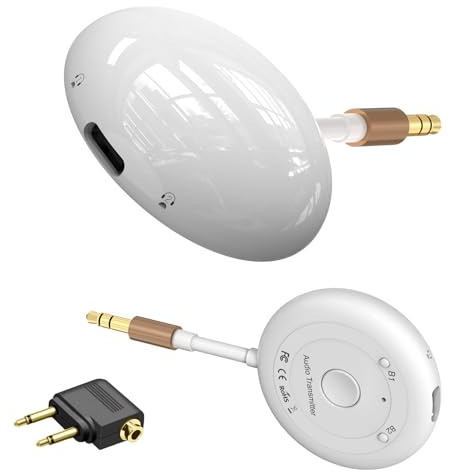 Transmisor de Audio Bluetooth 5.3 para Aviones, Adaptador Inalámbrico Compatible con 2 Air&Pods o Auriculares de Baja Latencia para Viajes en Avión, Gimnasio, TV, PC, con Toma AUX de 3.5mm
