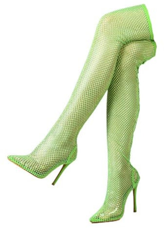 WOkismD Stivali Alti sopra Il Ginocchio in Rete con Strass da Donna, con Punta a Punta, Stiletto, Tacco Alto, Elasticizzati, Stivali Lunghi, alla Moda, per Appuntamenti, Feste, Club,Verde,36