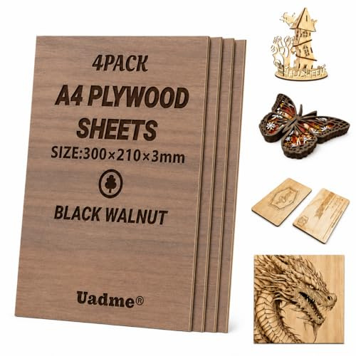 Uadme Compensato Incisione, Compensato di Noce A4, 4 Pezzi 3mm Fogli di Legno Sottili, per Bricolage Pirografia Traforo Laser, 297 mm x 215 mm x 3 mm