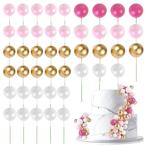 URAQT 45Pcs Ball Cake Topper Decorations, Pearl Ball Shaped Cake Insert, Mini Balloons Cupcake Toppers Sticks, Colorful Balloons Cake Decorations for Birthday Party Wedding, Pink
