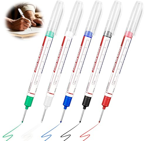 5 Piezas Marcador Agujeros Profundos, 20mm Rotulador Permanente, Rotuladores Agujeros Profundos Punta Extralarga, Rotulador Carpintero, Marcador para Metal Madera Cartón (Negro Azul Rojo Verde Blanco)
