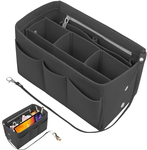 TenaLucy Organizador de Fieltro,Organizador de Bolsos de Mujer organizador de Bolsos de Tote con Múltiples Compartimentos con Cremallera (Negro)