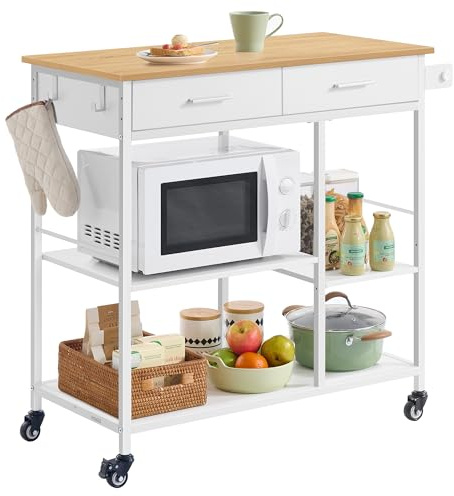 VASAGLE Isola da Cucina Mobile con Ruote, Carrello da Cucina, 45 x 98,7 x 90 cm, Portasciugamani, 2 Cassetti, 2 Ganci, per Sala da Pranzo, Rovere Beige e Bianco Opaco KKI010Y01