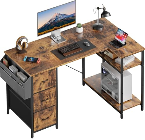 SOLAVERO Bureau d'angle avec Rangement, 120 x 78 cm Bureau en L avec 3 Tiroirs, Table Gaming avec Sac de Rangement, Table Ordinateur avec Étagères Réglable, pour Bureaux et Postes de Travail, Marron