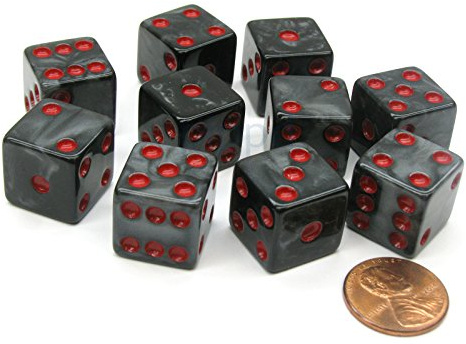 Koplow Games Set of 10 D6 16mm Marbleized Square Corner Dice - Charcoal with Red Pips