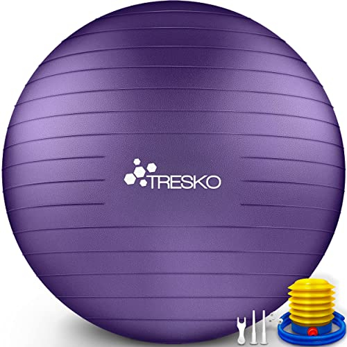 TRESKO Gymnastikball mit GRATIS Übungsposter inkl. Luftpumpe - Yogaball BPA-Frei | Sitzball Büro | Anti-Burst | 300 kg,Lila,65cm (für Körpergröße 155 - 175cm)